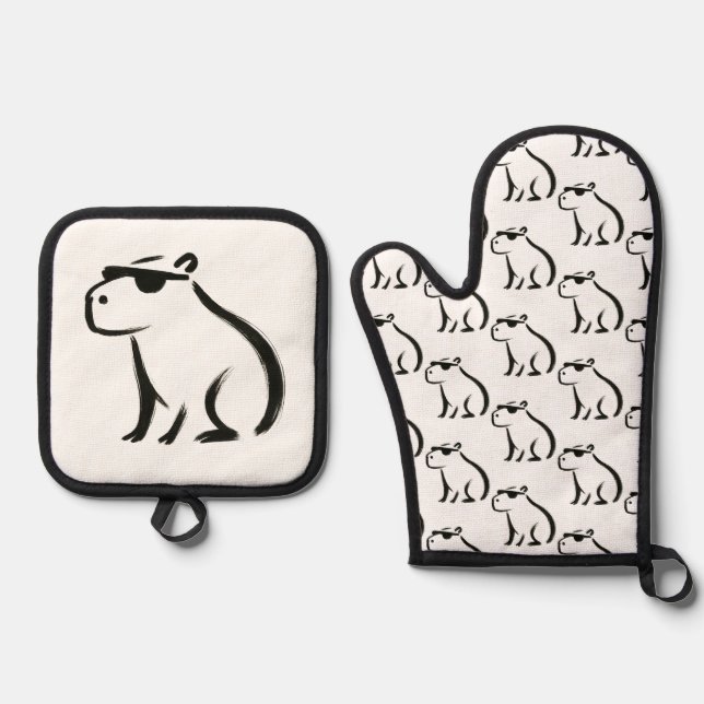 Chill Capybara – Ink Brush Design Tote Bag Oven Mitt & Pot Holder Set (Front)