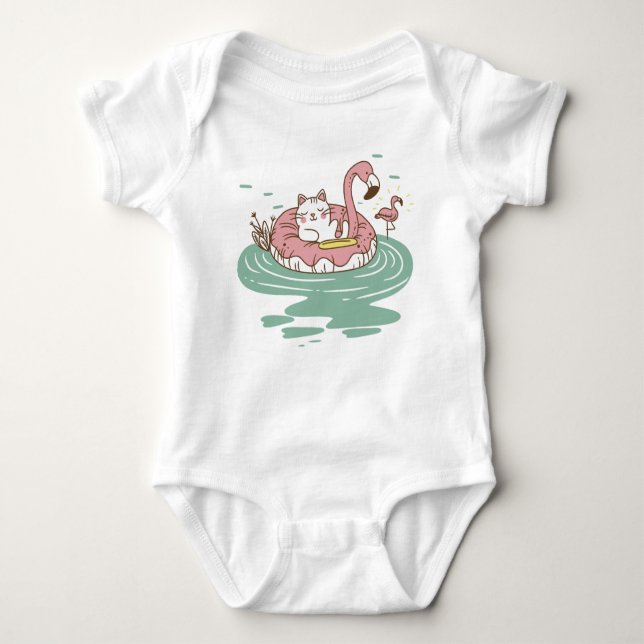 Chill Cat Flamingo Float Baby T-shirt Bodysuit (Front)