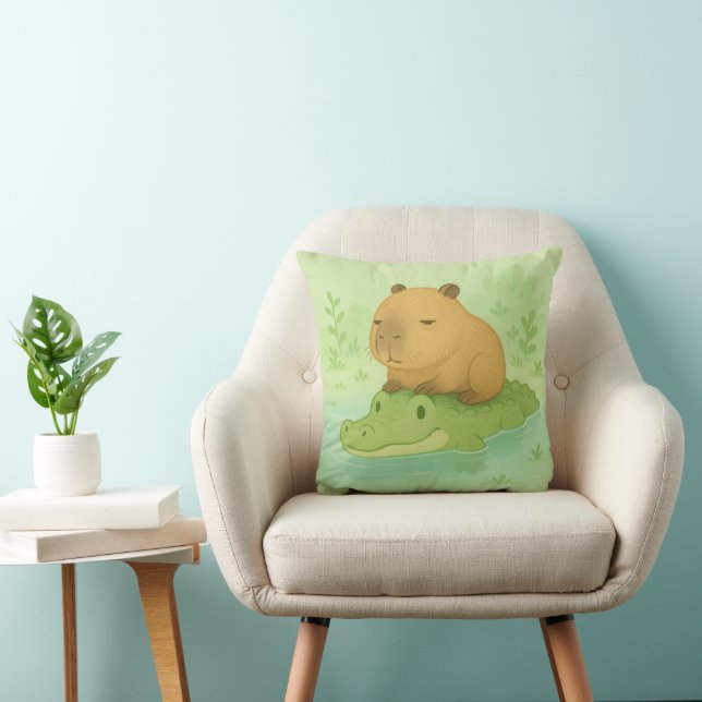 Chill&Cute Capybara Crocodile Rider Throw Pillow (Chair)
