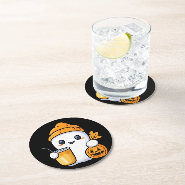 Chill Ghost Warm Coffee Cosy Fall Round Paper Coaster (Insitu)