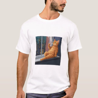 Chill Orange Cat on Balcony – Retro 8-Bit Night T-Shirt