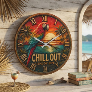 Chill Out Parrot Tropical Colorful Macaw Sunset Large Clock