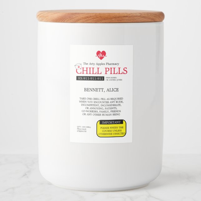 chill pills nurse graduation COOKIE JAR gift Food Label (Front)