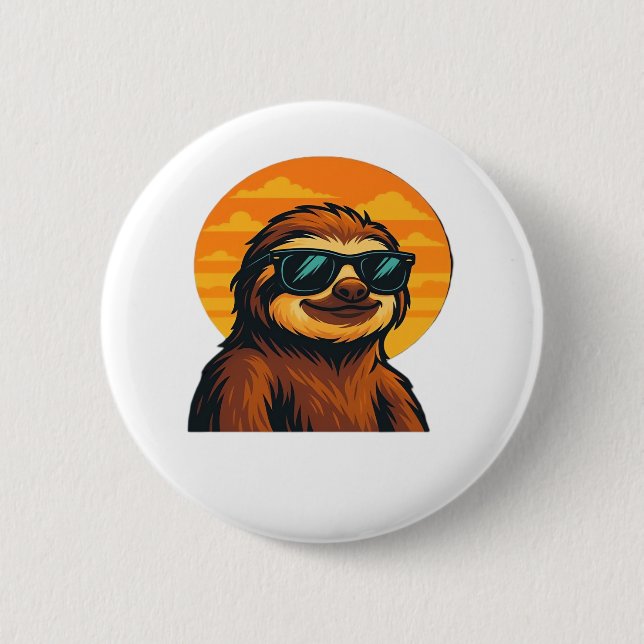 Chill Sloth with Sunglasses - Retro Sunset Vibes C 6 Cm Round Badge (Front)