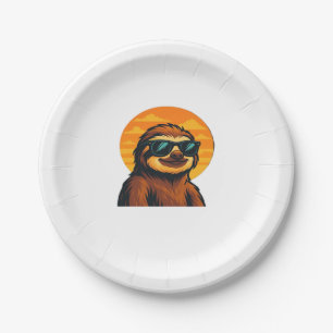 Chill Sloth with Sunglasses - Retro Sunset Vibes C Paper Plate