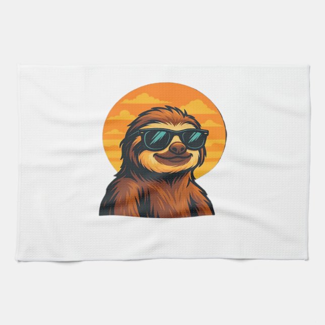 Chill Sloth with Sunglasses - Retro Sunset Vibes C Tea Towel (Horizontal)