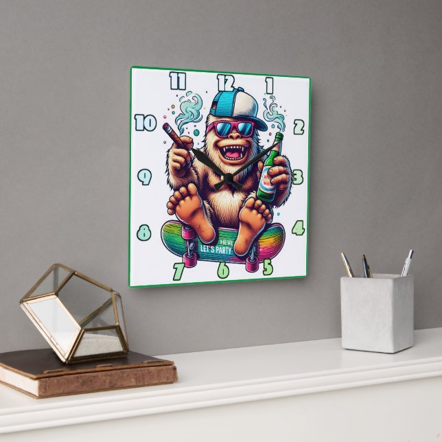 Chill yeti enjoying a skateboarding party vibe square wall clock (Office)