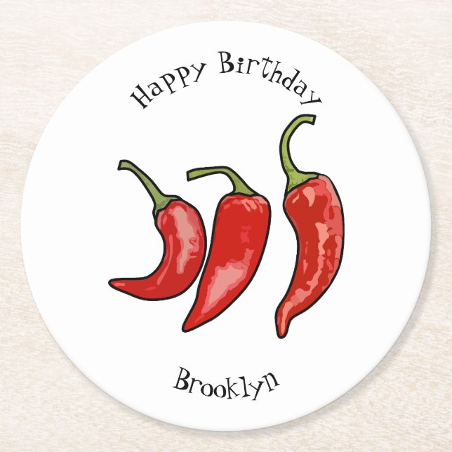 Chilli cartoon illustration  round paper coaster (Front)