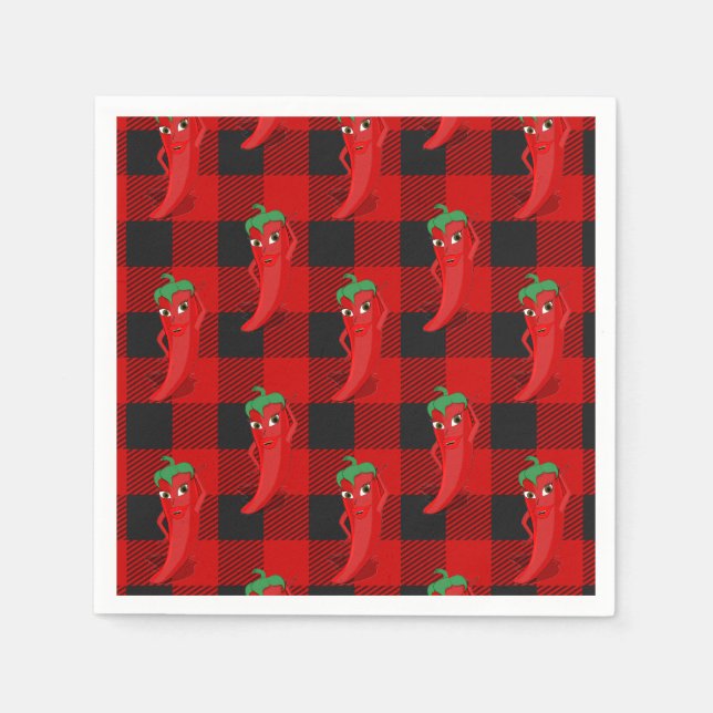 Chilli Pepper Buffalo Plaid Pattern Black and Red  Napkin (Front)