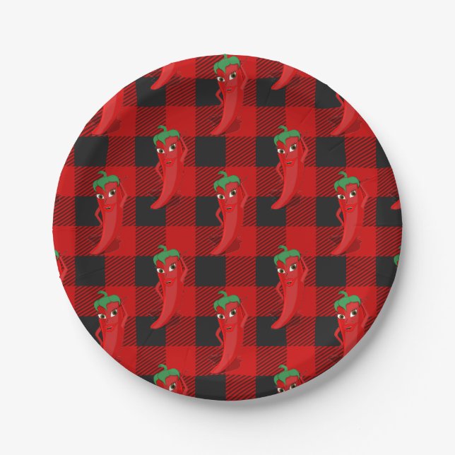 Chilli Pepper Buffalo Plaid Pattern Black and Red  Paper Plate (Front)