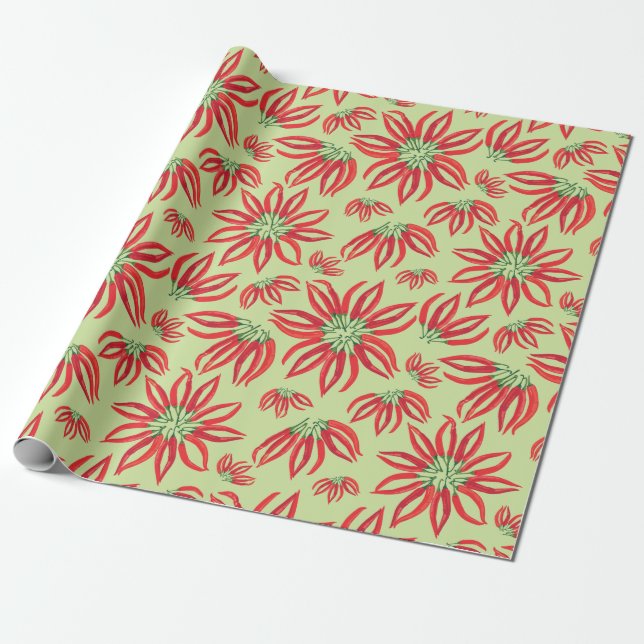Chilli Pepper Christmas Poinsettia Wrapping Paper (Unrolled)