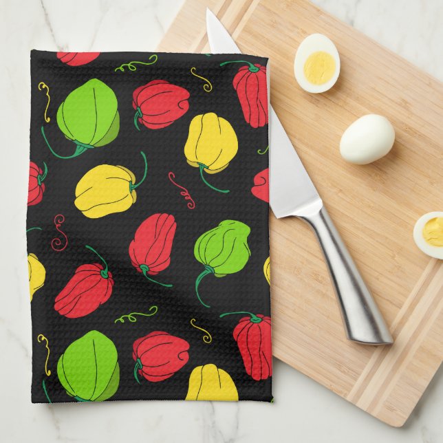 Chilli Pepper Jamaican Food Patterned Tea Towel (Quarter Fold)