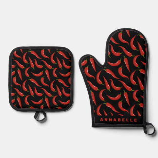 Chilli Pepper Personalise Apron Oven Mitt & Pot Holder Set