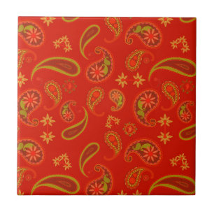 Chilli Pepper Red and Lime Green Paisley Pattern Tile