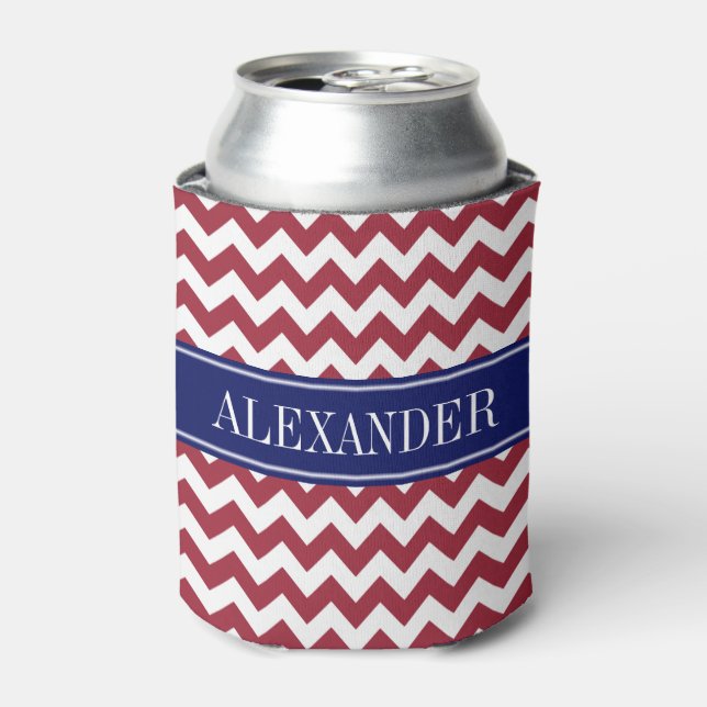 Chilli Pepper White Chevron Navy Name Monogram Can Cooler (Can Front)