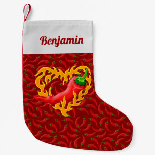 Chilli Pepper with Flame Heart on Red Background Small Christmas Stocking