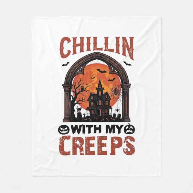 Chillin Creeps Halloween Haunted House Orange Moon Fleece Blanket (Front)