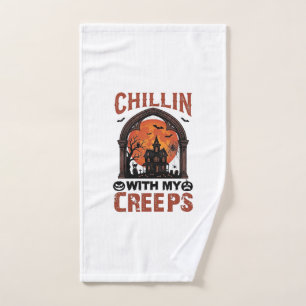 Chillin Creeps Halloween Haunted House Orange Moon Hand Towel
