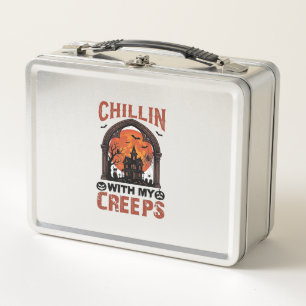 Chillin Creeps Halloween Haunted House Orange Moon Metal Lunch Box