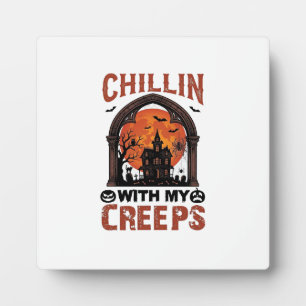 Chillin Creeps Halloween Haunted House Orange Moon Plaque