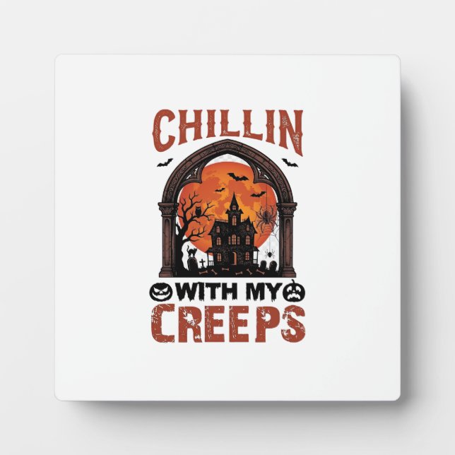 Chillin Creeps Halloween Haunted House Orange Moon Plaque (Front)