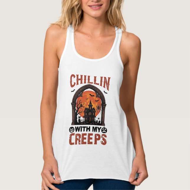 Chillin Creeps Halloween Haunted House Orange Moon Singlet (Front)