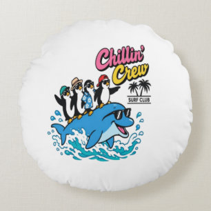 Chillin Crew Surf Club Penguin Dolphin T-Shirt Round Cushion