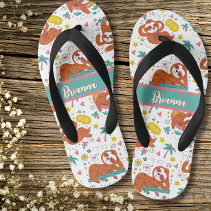 Chillin Cute Girl Sloth Pink & Green Pattern  Kid's Jandals