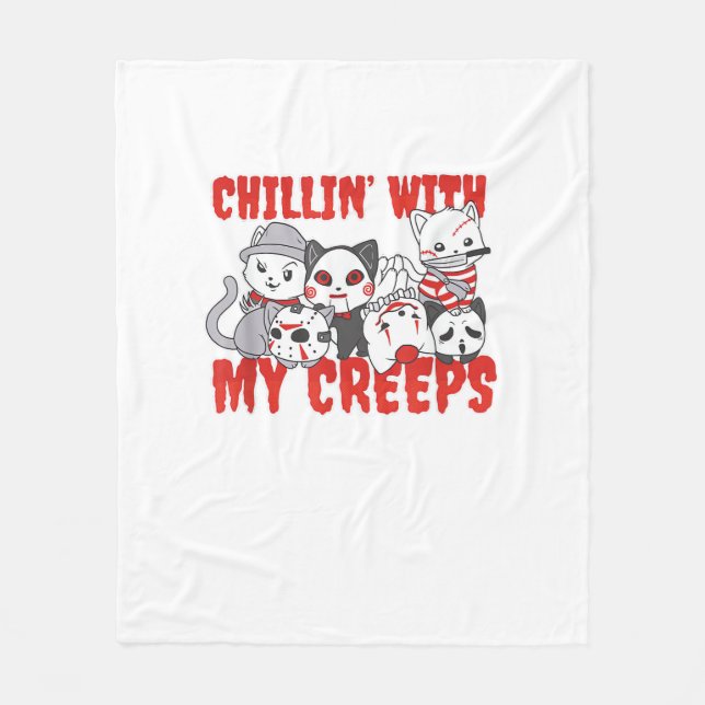 Chillin With My Creeps Cat Horror Killer Halloween Fleece Blanket (Front)