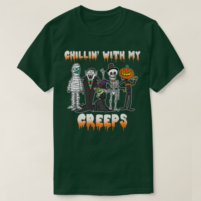 Chillin With My Creeps Vampire Halloween Skeleton  T-Shirt (Design Front)