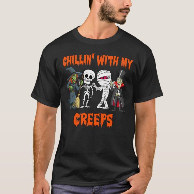 Chillin With My Creeps Vampire Halloween Skeleton T-Shirt (Front)