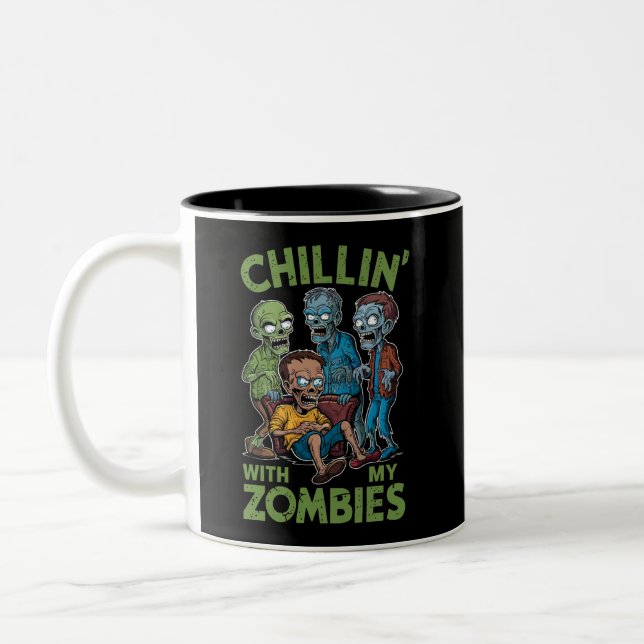 Chillin With My Zombies Halloween Boys Kids Funny Two-Tone Coffee Mug (Left)