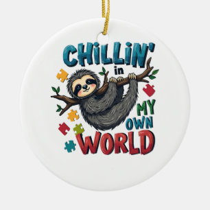 Chilling in My World Sloth Autism Awareness Ceramic Tree Decoration