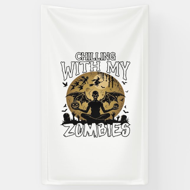 Chilling Zombies Halloween Winged Demon Moon Grave Banner (Vertical)