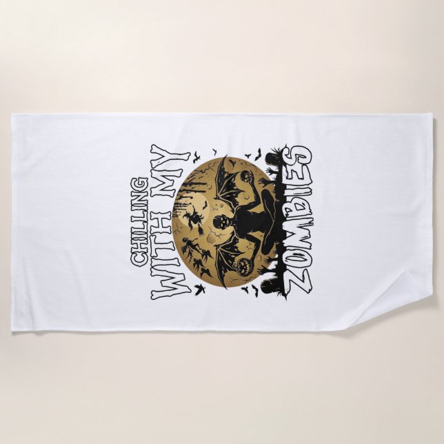 Chilling Zombies Halloween Winged Demon Moon Grave Beach Towel (Front)