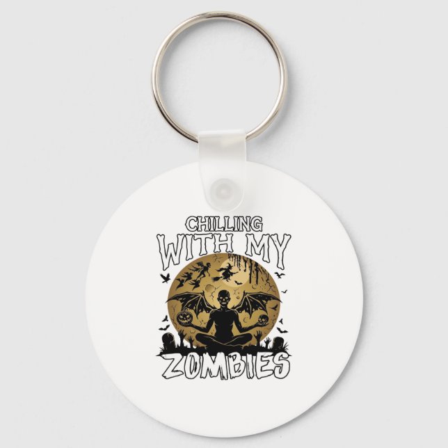 Chilling Zombies Halloween Winged Demon Moon Grave Key Ring (Front)