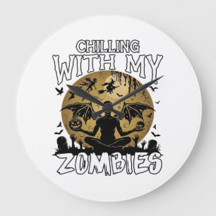Chilling Zombies Halloween Winged Demon Moon Grave Large Clock