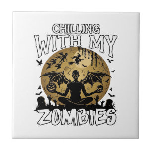 Chilling Zombies Halloween Winged Demon Moon Grave Tile
