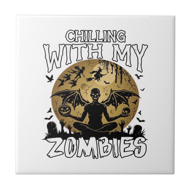 Chilling Zombies Halloween Winged Demon Moon Grave Tile (Front)