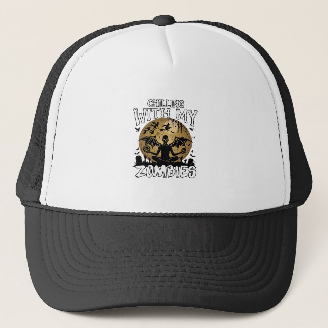 Chilling Zombies Halloween Winged Demon Moon Grave Trucker Hat (Front)