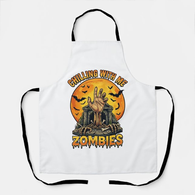 Chilling Zombies Hand Tombstone Full Moon Bats Apron (Front)