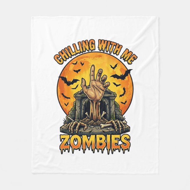Chilling Zombies Hand Tombstone Full Moon Bats Fleece Blanket (Front)