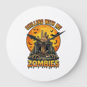 Chilling Zombies Hand Tombstone Full Moon Bats Large Clock