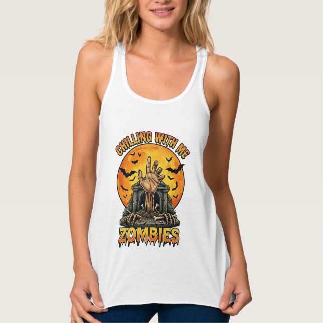 Chilling Zombies Hand Tombstone Full Moon Bats Singlet (Front)