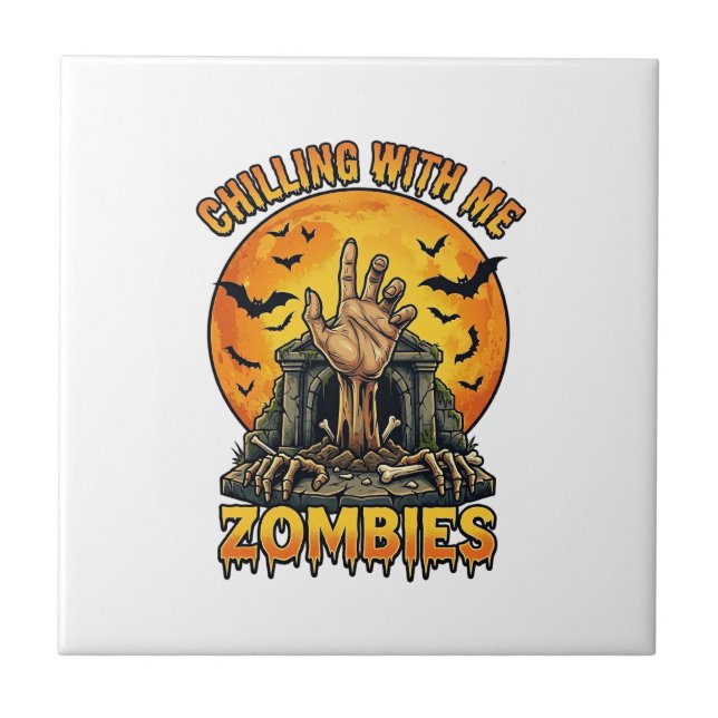 Chilling Zombies Hand Tombstone Full Moon Bats Tile (Front)