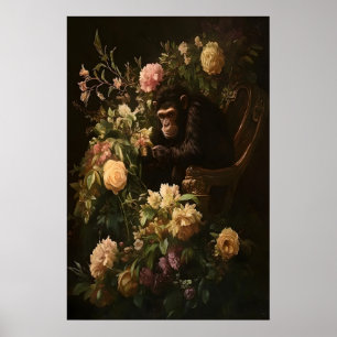 Chimp & Blooms Dark Academia Floral Art, Vintage Poster