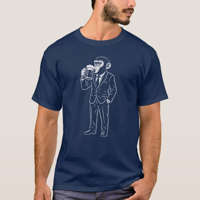 Chimp in a Suit Drinking Beer T-Shirt (Front)