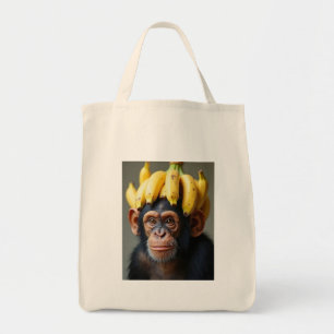 Chimp with banana wig tote bag