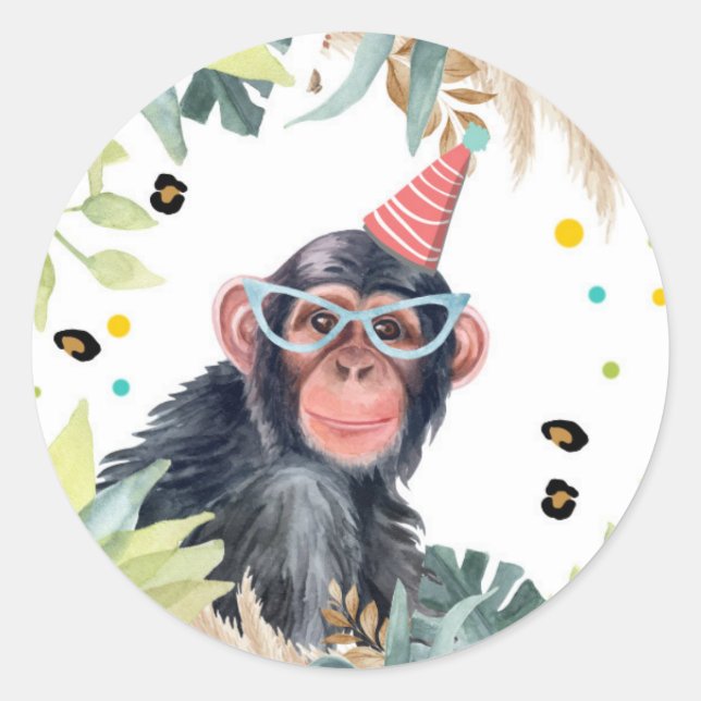 Chimpanse Monkey Safari Party Animal Birthday Classic Round Sticker (Front)