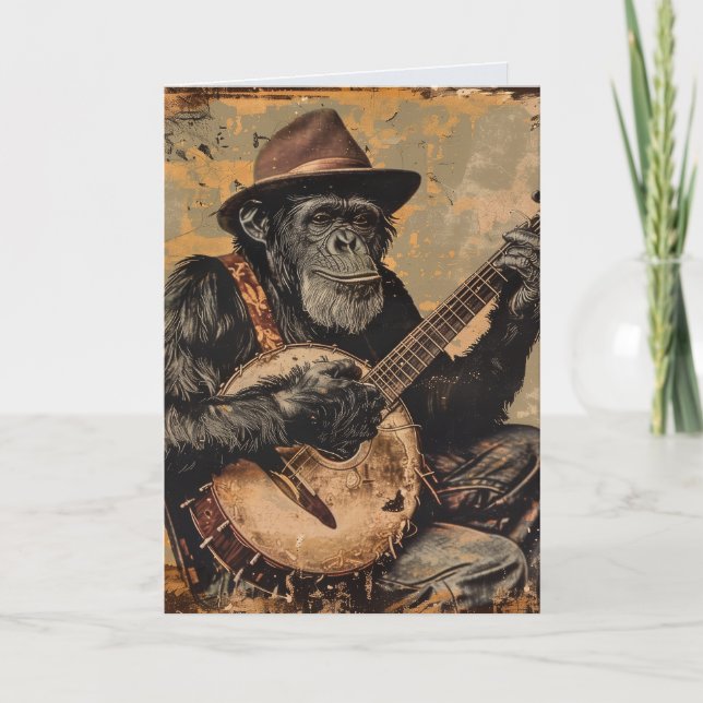CHIMPANZEE BANJO BIRTHDAY FUNNY GREETING CARD (Front)